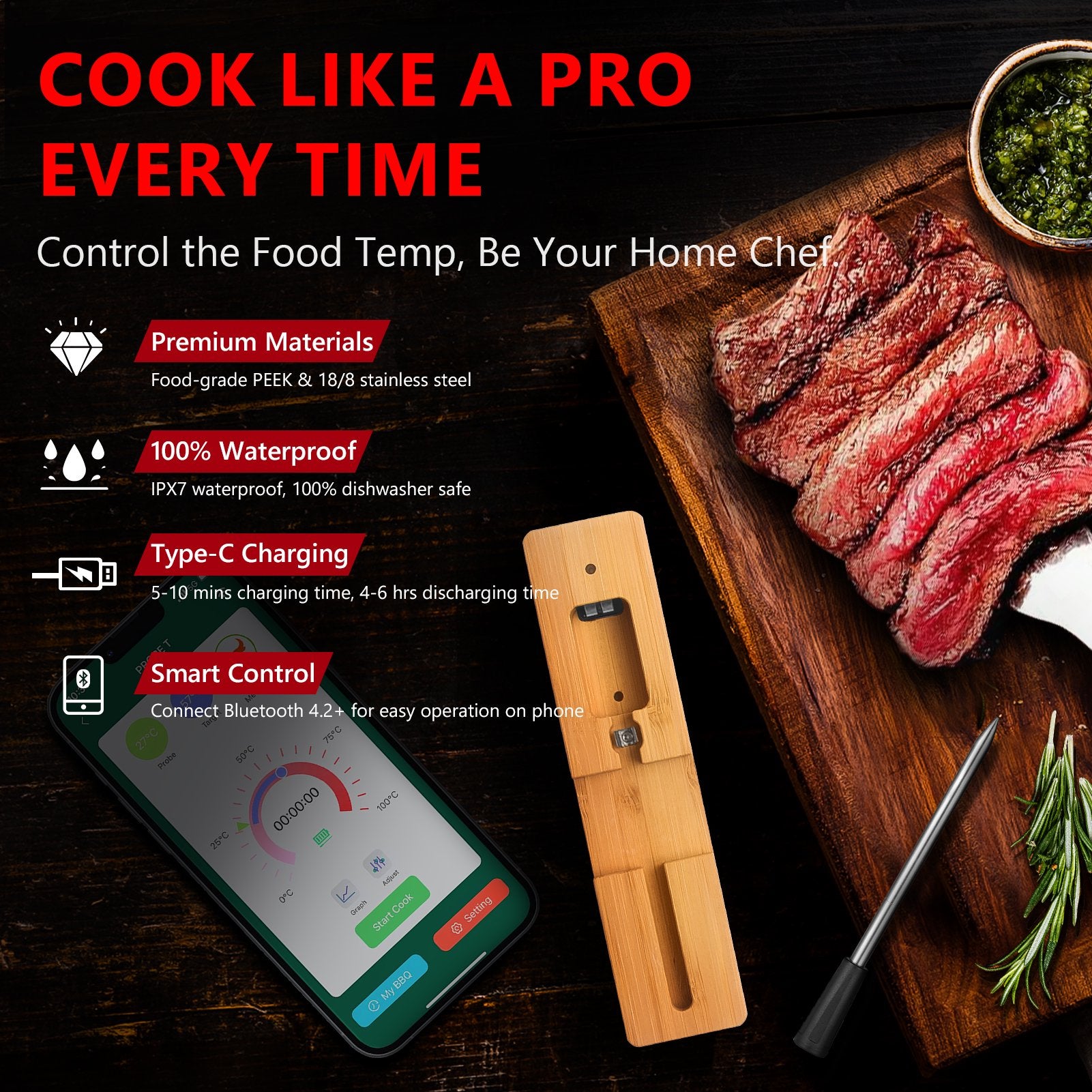 AIRMSEN Wireless Meat Thermometer, Smart Bluetooth Meat